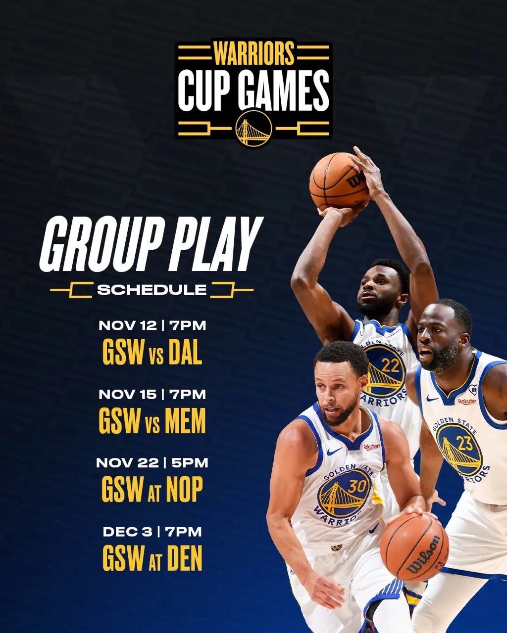 🌟勇士NBA杯小组赛赛程：主场战独行侠灰熊 客战鹈鹕掘金